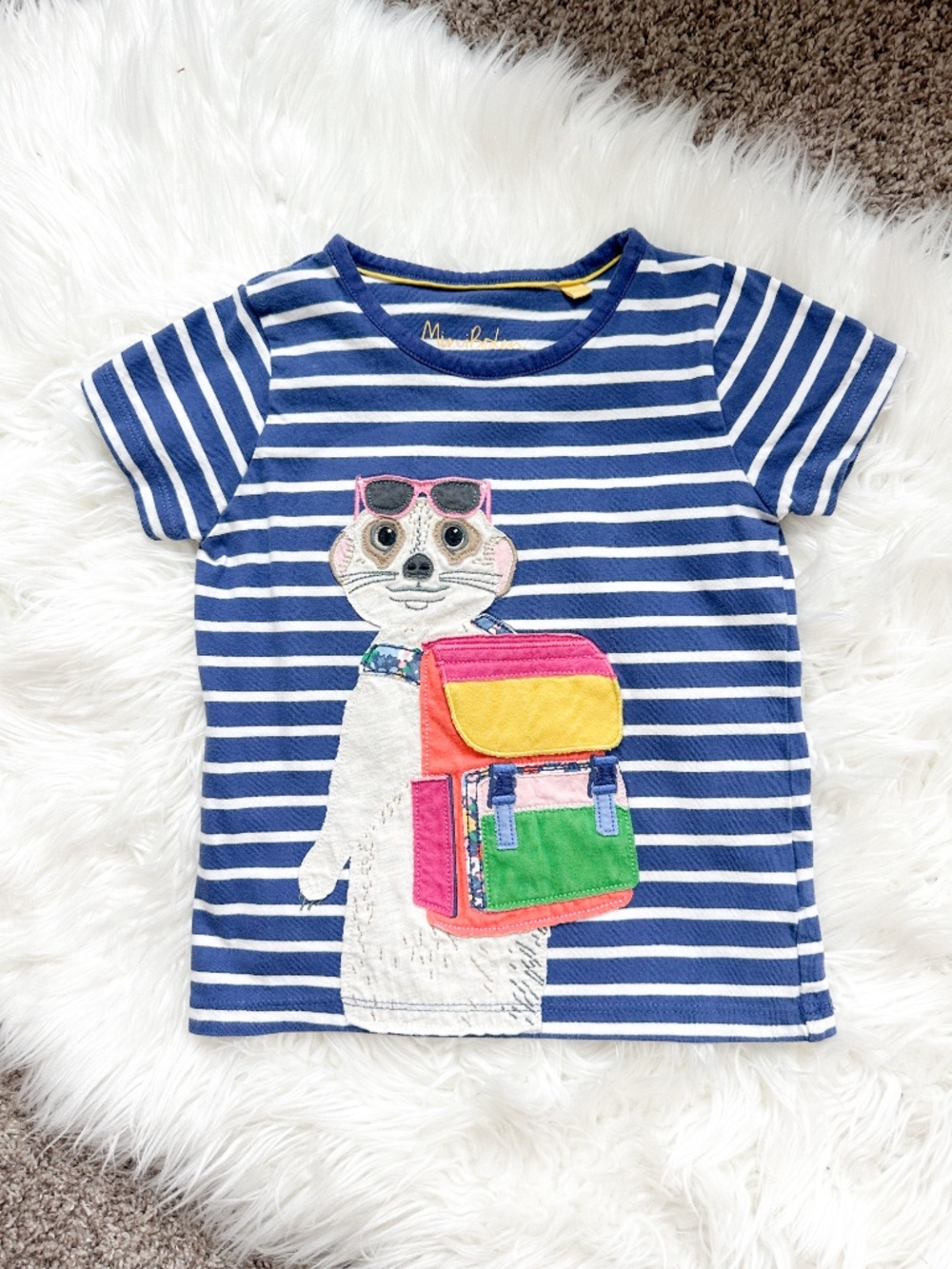Mini Boden Navy & White Striped Tee Applique Meerkat T-Shirt 3-4Y